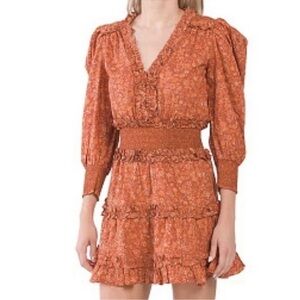 HOUSE OF HARLOW sz Medium Dress Deep V Neck Smocked Waist Ruffles Cotton Rust
